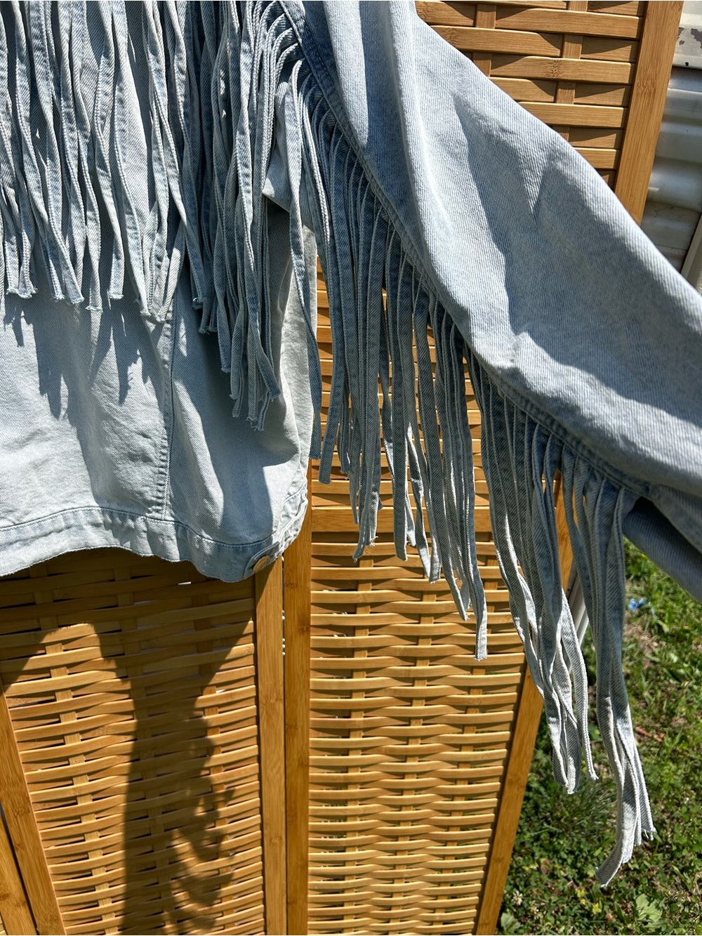 Light Gray Fringe Denim Jacket - Women - Picture 12 of 12